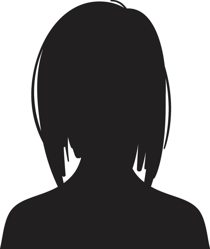Black silhouette of a woman with short hair, facing forward, representing anonymity, mystery, or a generic female figure vector