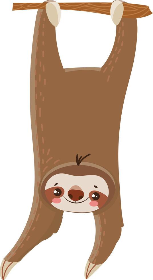 Adorable cartoon sloth hanging upside down from a tree branch, smiling happily, enjoying its relaxed lifestyle in the rainforest vector