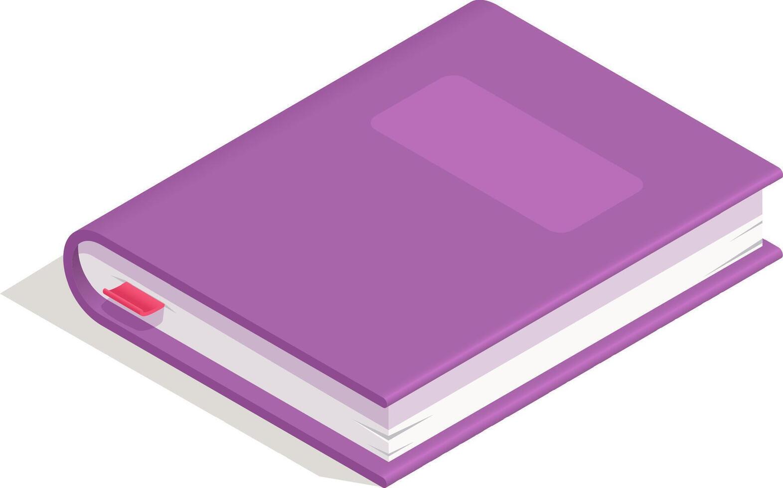 Closed purple book with bookmark lying open in isometric view, featuring a blank cover, providing ample copy space for titles or designs vector