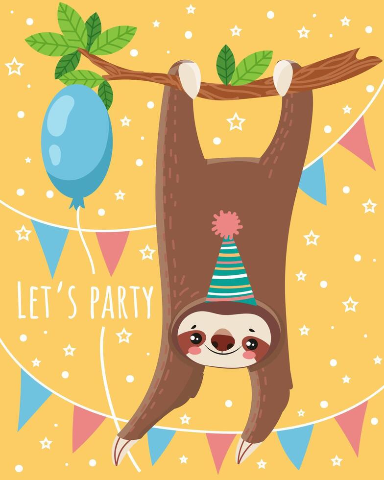 Adorable sloth hanging upside down from a tree branch, wearing a colorful party hat, with a blue balloon and festive bunting, creating a cheerful birthday celebration atmosphere vector
