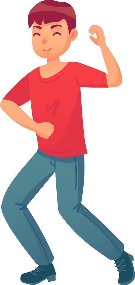 Young man wearing a red t shirt and blue pants is fully engaged in dancing, moving his body rhythmically with a joyful and happy expression on his face vector
