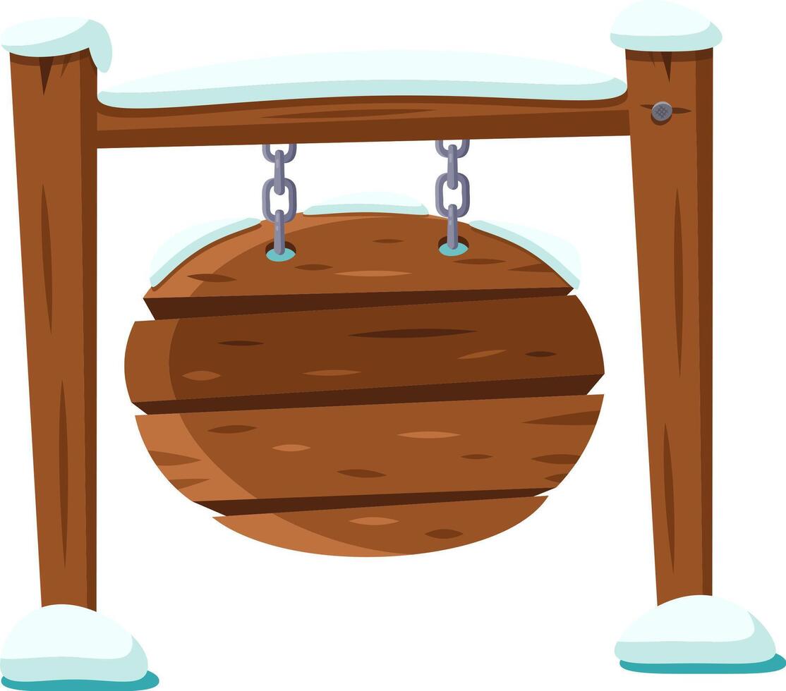 Snow covers a circular wooden sign hanging from a wooden frame and chains, creating a rustic winter scene perfect for advertising vector