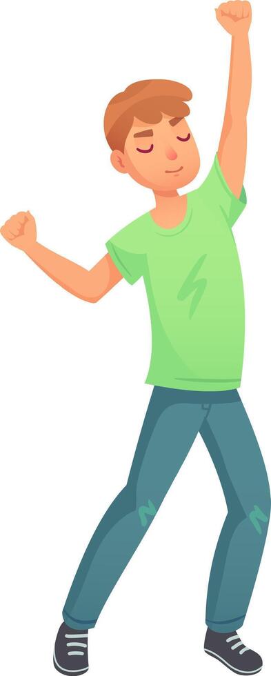 Energetic young man dancing with arms raised, celebrating success with enthusiasm and joy, expressing positive emotions through dynamic movement vector