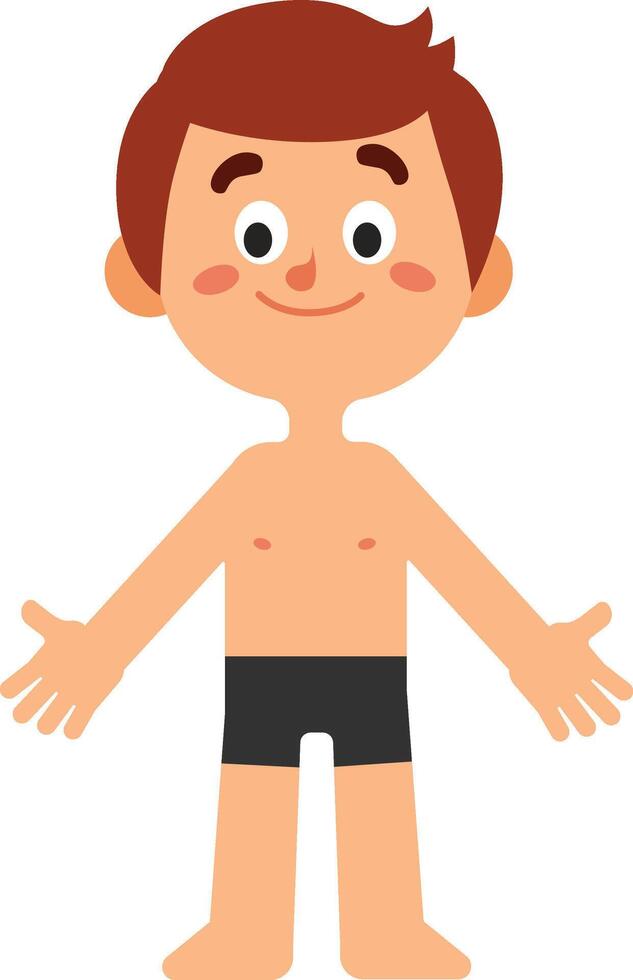 Cartoon illustration of a smiling boy showing his body wearing underwear, ideal for educational or healthcare content related to anatomy, hygiene, or puberty vector