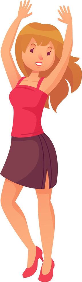 Happy woman raises her arms in celebration, smiling joyfully with a carefree and optimistic expression vector