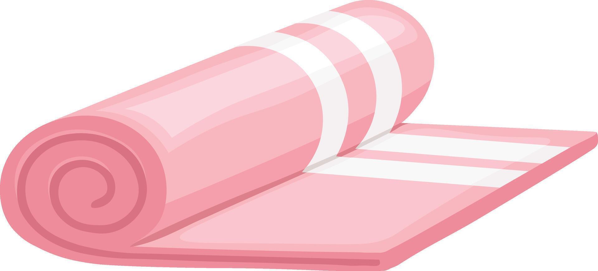 Rolled pink yoga or pilates mat with white stripes is partially unrolled, creating an angled corner and revealing the soft, cushioned surface, perfect for exercise and relaxation vector