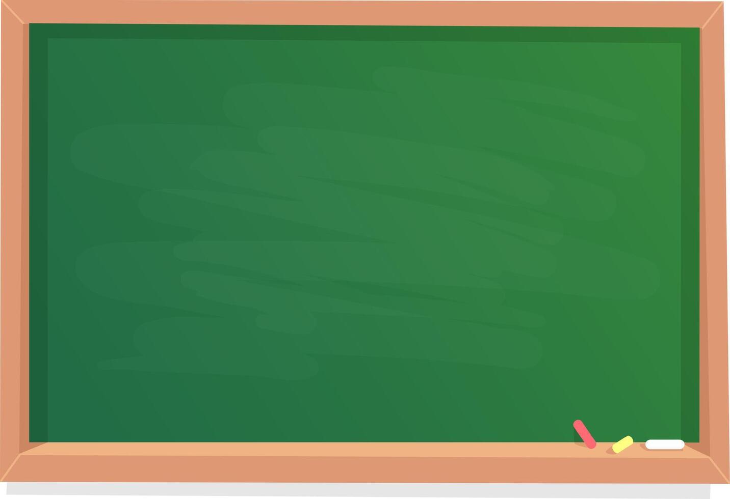 Empty green chalkboard with chalk and eraser in wooden frame represents education, teaching, learning, and back to school concepts vector
