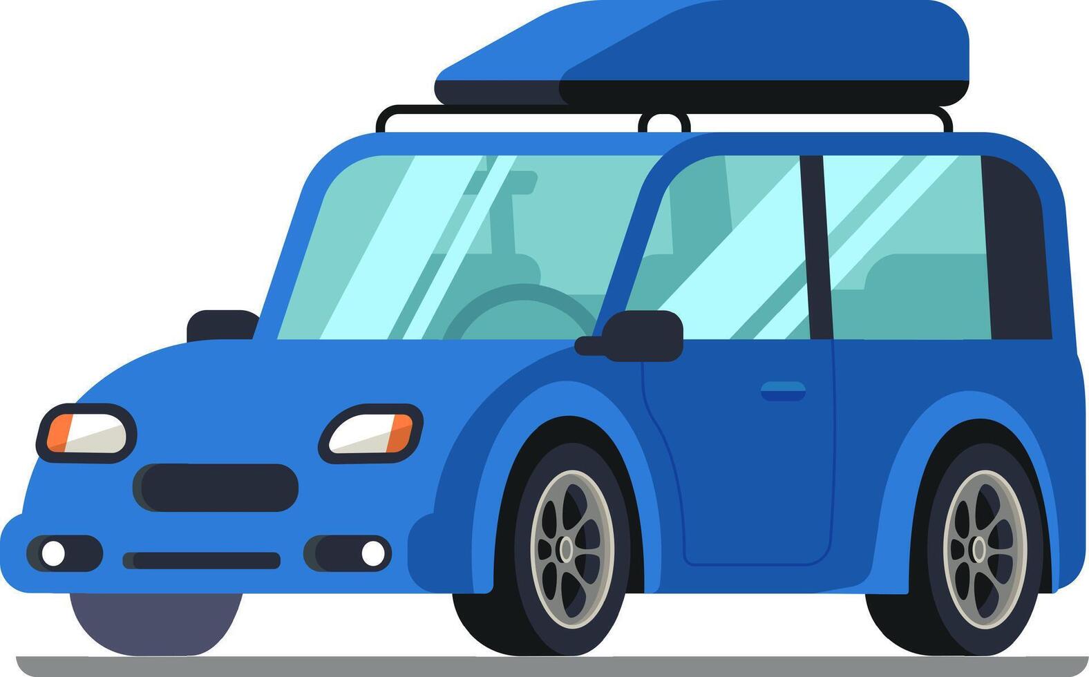 Small blue car equipped with roof rack and cargo box, parked and ready for a family vacation or road trip, representing travel, adventure, and automotive lifestyle vector