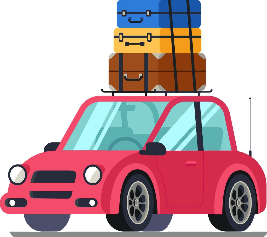 Pink vehicle is prepared for a journey, with luggage securely fastened on its roof rack, symbolizing travel and adventure vector