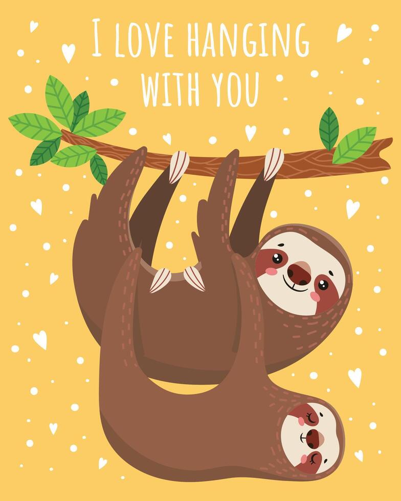 Two smiling sloths are hanging upside down from a tree branch on a yellow background with white hearts, showing affection and expressing their love for each other vector