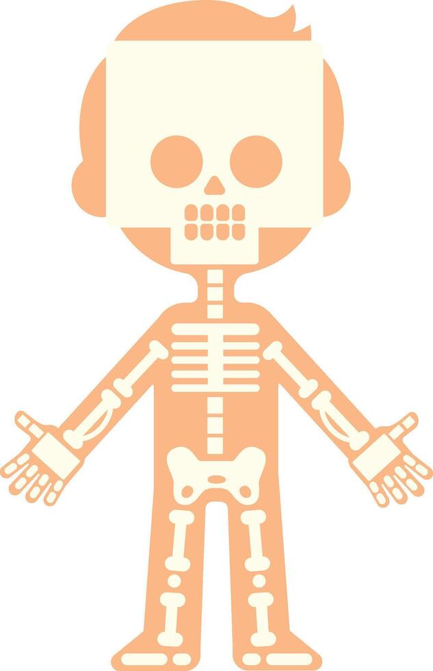 Simple stylized illustration of a child skeleton showing bones for anatomy lesson, with arms open and skull visible through skin vector