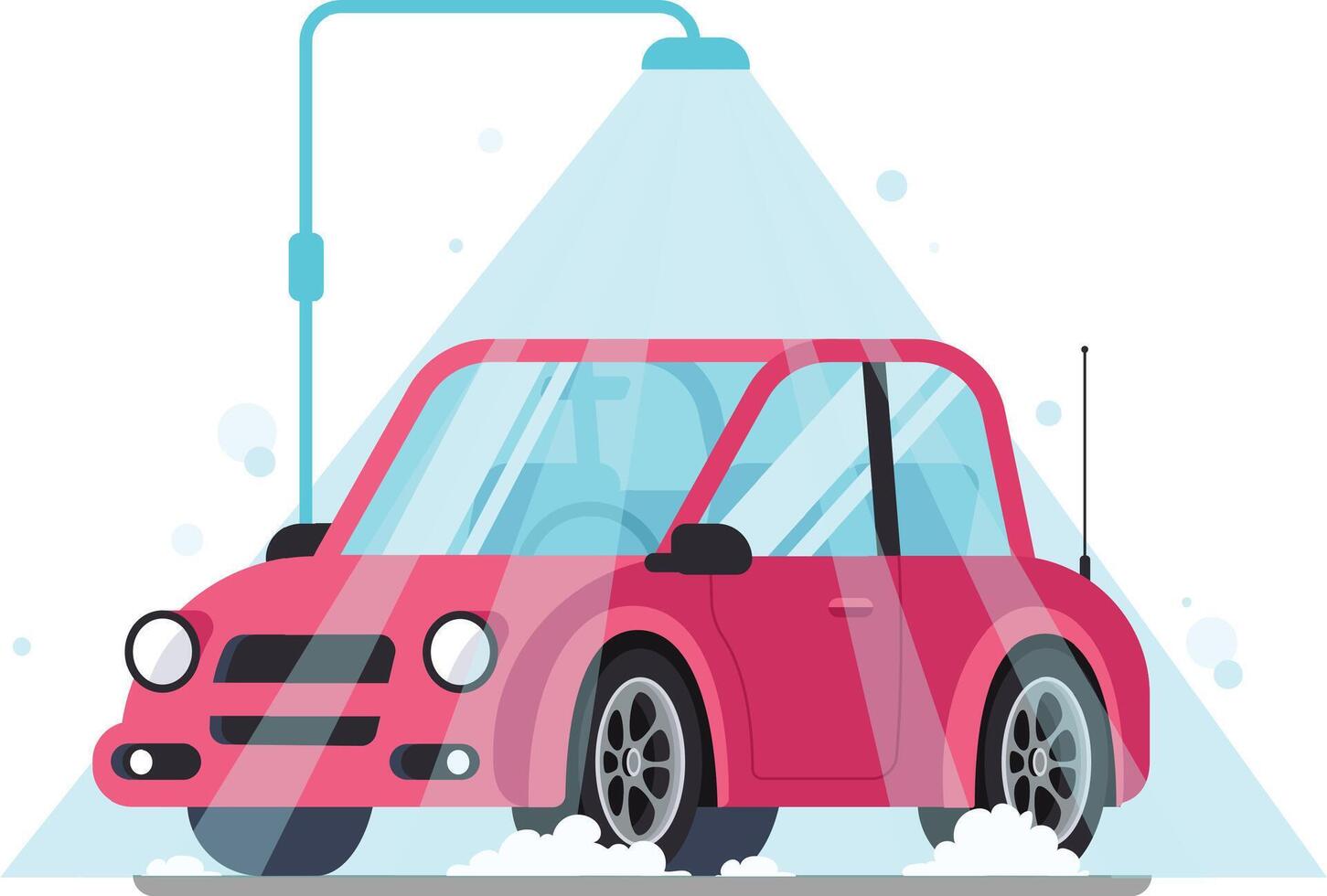 Gorgeous pink car covered in soap bubbles after going through automatic car wash ideal for car wash services and transportation companies vector