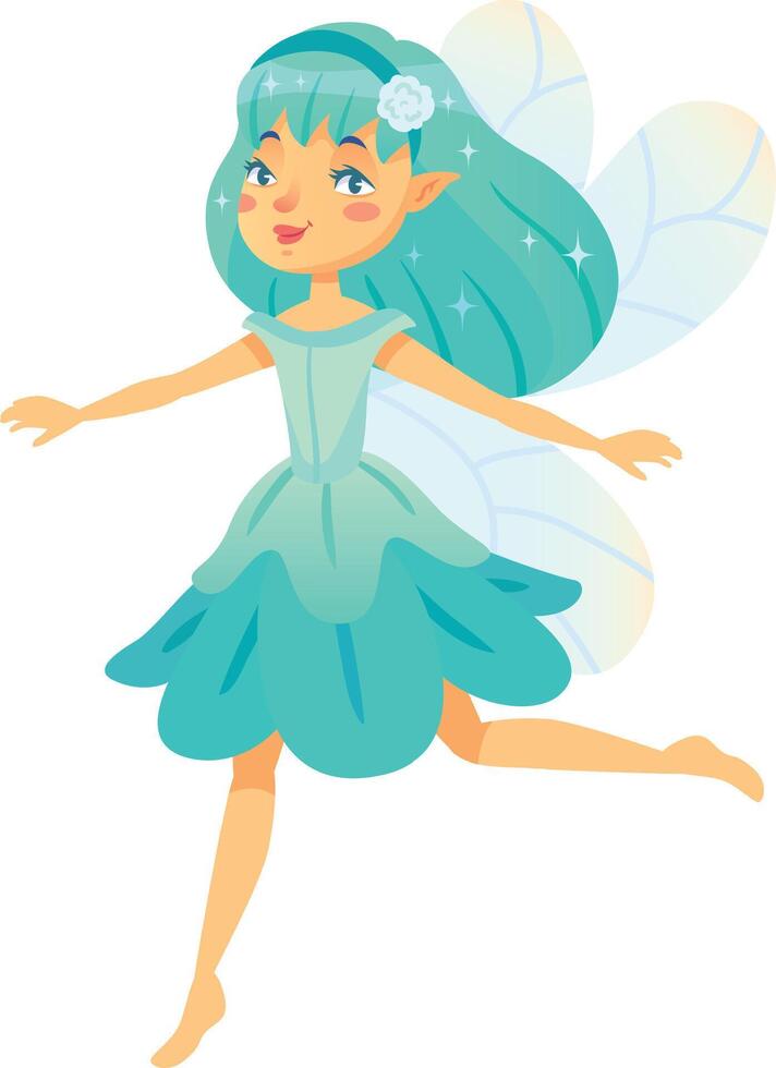 Gorgeous fairy with turquoise hair and large, luminous eyes joyfully skips in a flowing dress and floral skirt vector