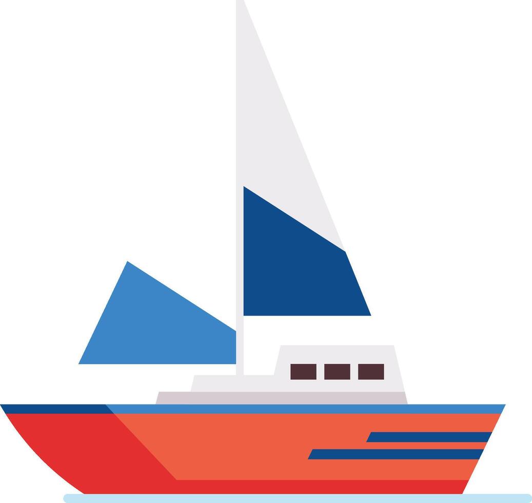 Red sailing boat with blue and white sails navigating on water, side view of a sailboat with geometric shapes in flat design style vector