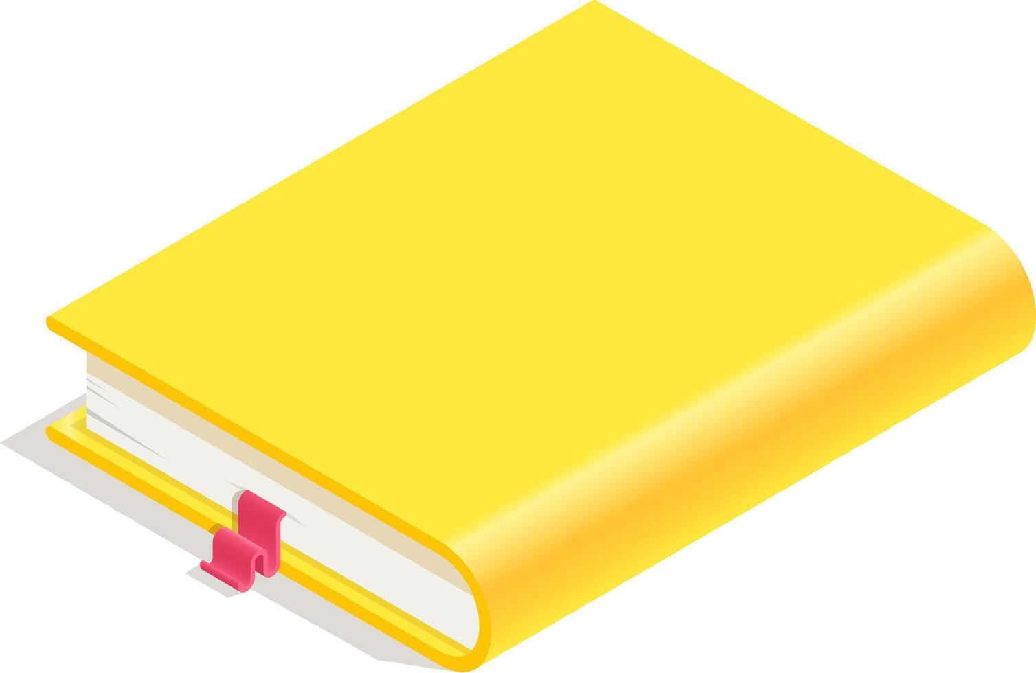 Closed yellow book with pink bookmark ribbon, lying in isometric view, representing reading, education, knowledge, and information vector