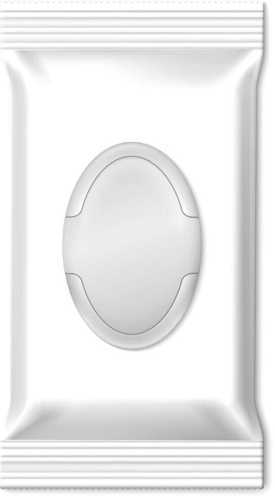 White blank packaging for wet wipes with an oval resealable sticker is showcasing a practical and convenient way to maintain personal hygiene vector