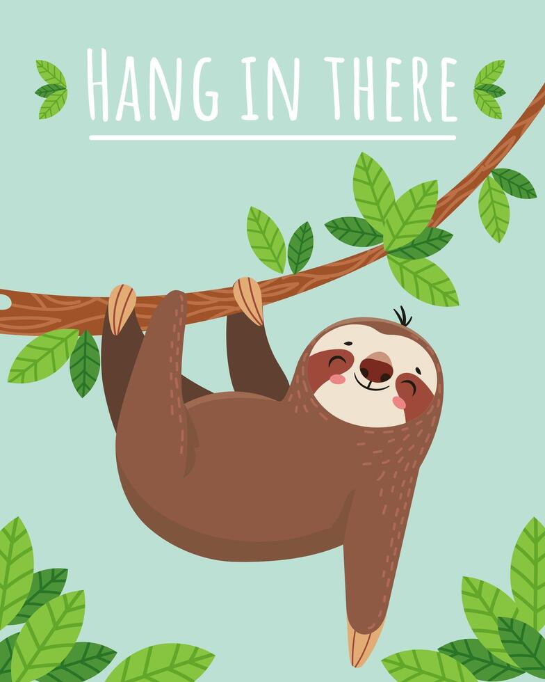 Charming cartoon sloth hangs upside down from a tree branch, embodying resilience and reminding us to hang in there amidst life's challenges, surrounded by lush green leaves vector