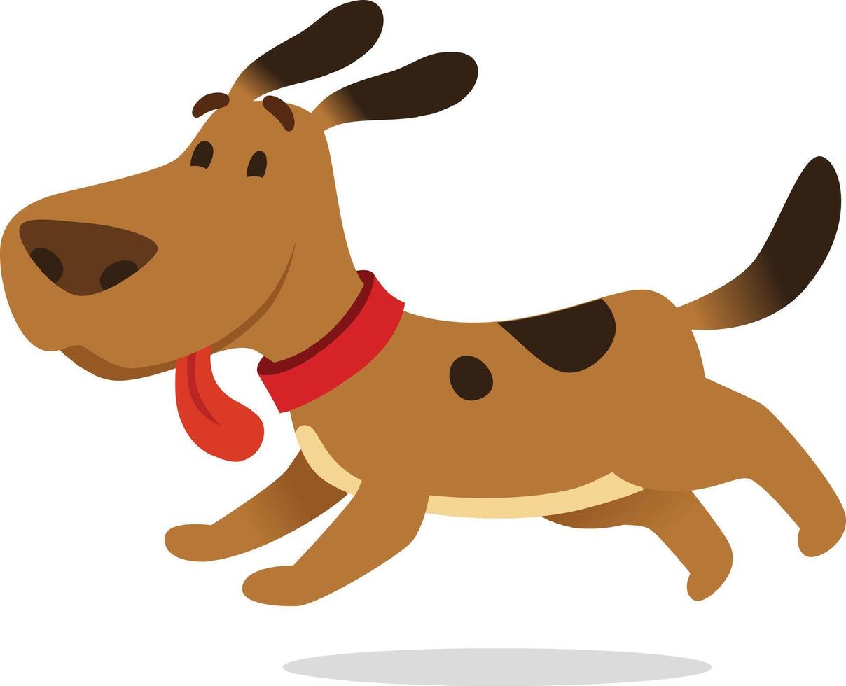 Cheerful brown and beige dog with red collar running with tongue out in cartoon illustration, set against white background vector