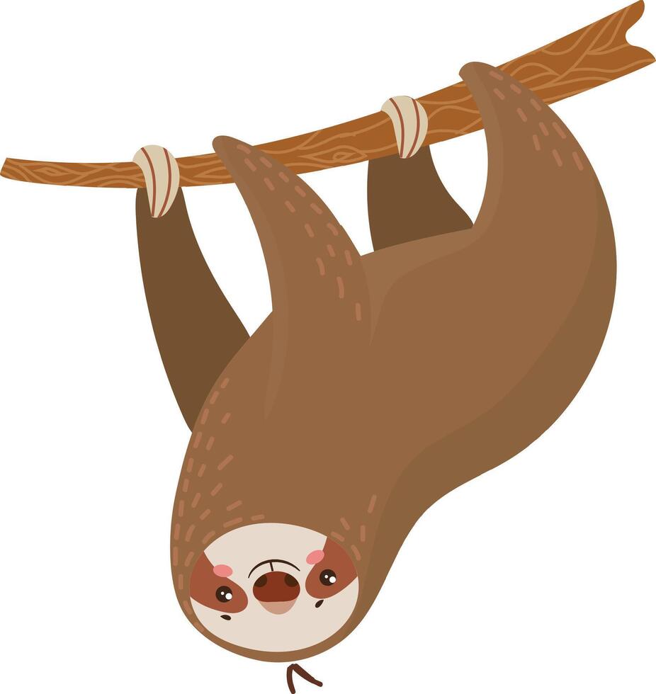 Adorable cartoon sloth hangs upside down from a tree branch in a relaxed pose, perfect for various uses like logos, stickers, and more vector