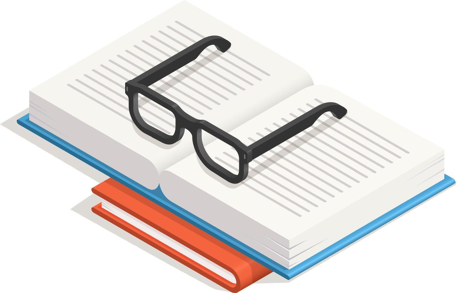 Open book with eyeglasses placed on top, providing an isometric perspective on the act of reading and studying, symbolizing knowledge, learning, and education vector