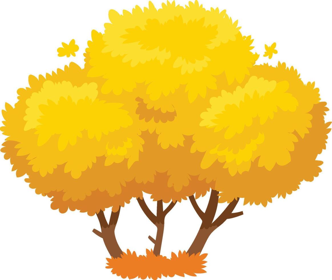 Three stylized trees with vibrant yellow leaves embrace autumn, with fallen leaves creating a warm carpet at their base vector