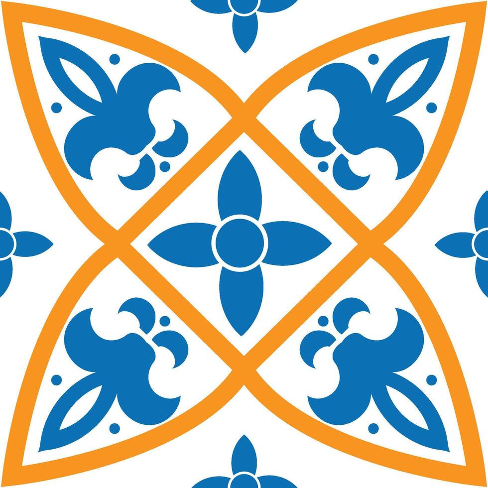 Stunning blue and orange quatrefoil pattern for fabric, wallpaper, or ceramic tiles, bringing sophistication and visual allure to any space vector