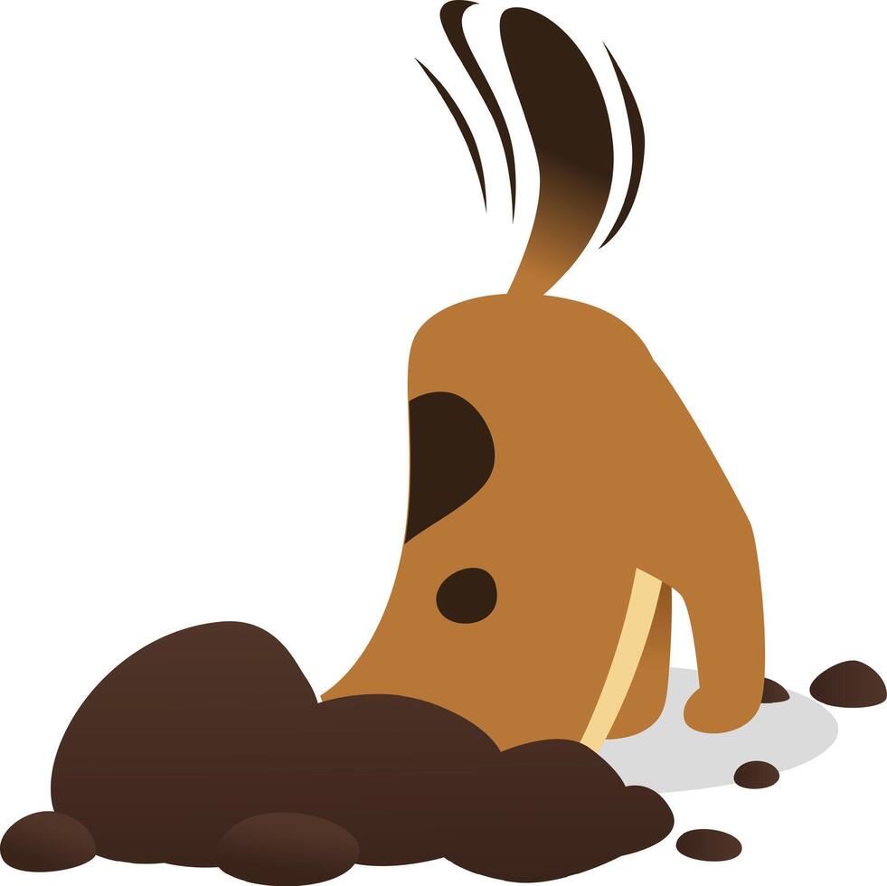Lively brown dog with dark patches happily digs in a mound of soil, its tail wagging with joy, savoring a carefree outdoor pastime vector