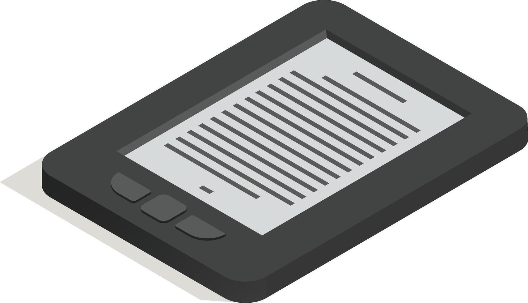 Isometric view of a gray ebook reader displaying lines of digital text on its screen, with navigation buttons visible, set against a clean white backdrop vector