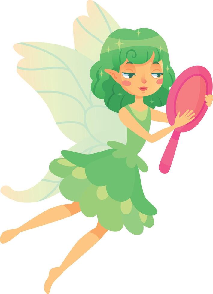 Enchanting fairy with emerald hair and gown soaring with a rosy mirror, shimmering mystical being with wings, captivating legendary figure from a fantasy realm vector