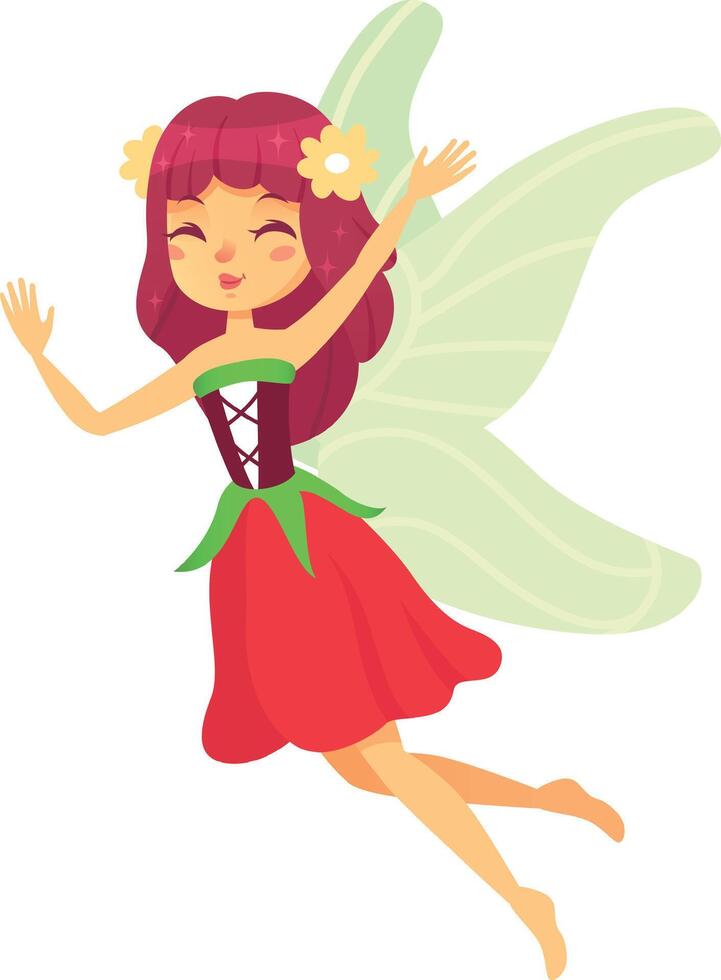 Beautiful fairy with red hair and green wings flies joyfully, spreading magic and happiness. She embodies freedom and innocence, adding grace and elegance to any fantasy project vector