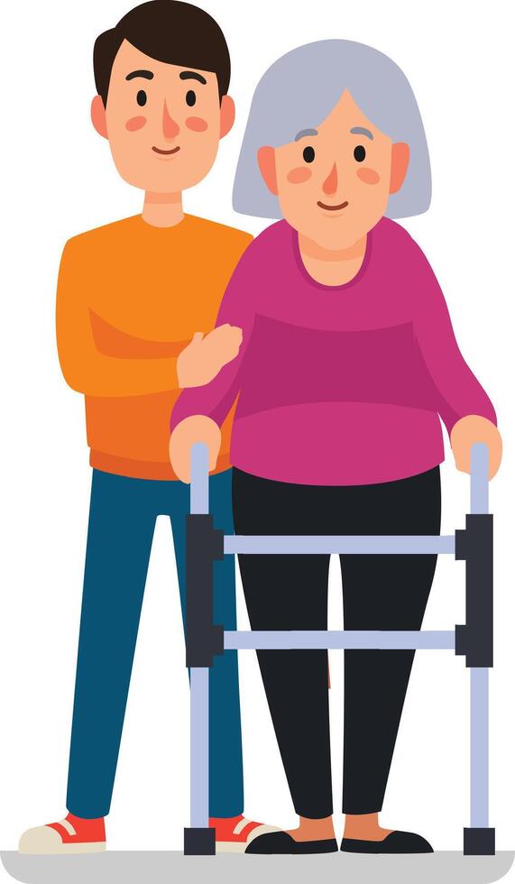 Compassionate young caregiver assists an elderly woman with a walker, emphasizing the significance of mobility aid and caring for seniors vector