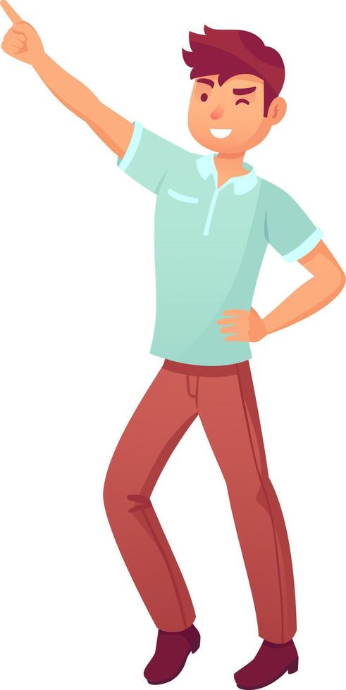 Happy young man pointing with index finger and winking, showing direction, drawing attention, or giving instructions, isolated on white background vector