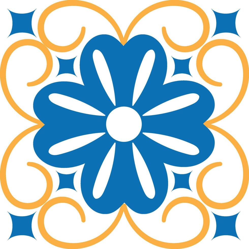 Seamless repeating pattern of stylized blue flower with white petals and yellow ornaments, perfect for textile, wallpaper, or ceramic tile design vector