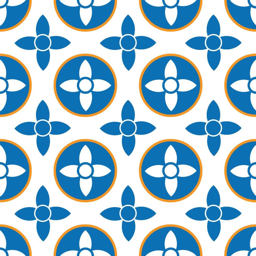 Modern and visually appealing floral design with seamless geometric pattern and stylized quatrefoil flowers in blue and orange, suitable for various applications vector