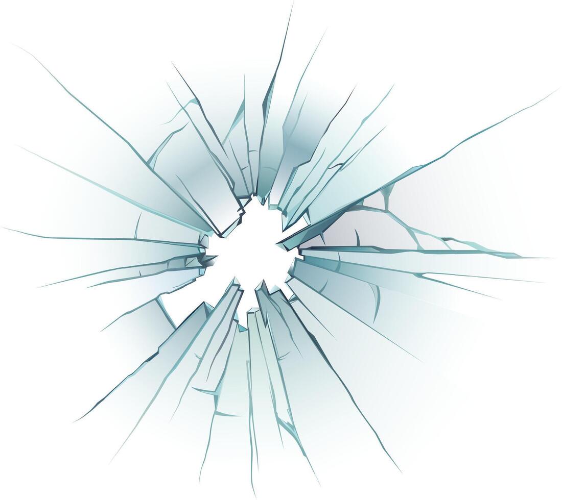 Shattered glass with cracks radiating outwards from a central hole, creating a textured and abstract pattern on a white background, conveying concepts of damage, fragility, and destruction vector