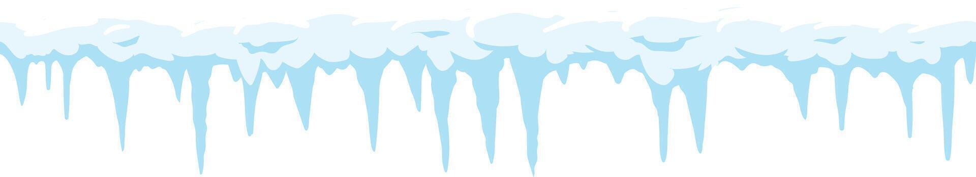 Cartoonish light blue icicles hanging down from a layer of snow, with some of the ice melting, creating a winter wonderland scene vector