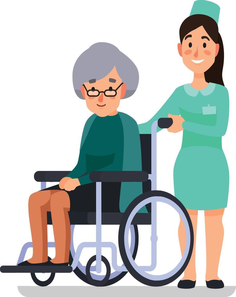 Young nurse providing care and support to a happy elderly woman in a wheelchair, promoting well being and assistance for senior citizens in a healthcare setting vector