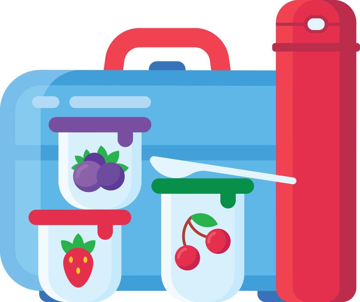 Healthy lunch set, blue lunchbox filled with yogurt jars and fresh fruit, complete with a spoon and red thermos perfect for school or office vector