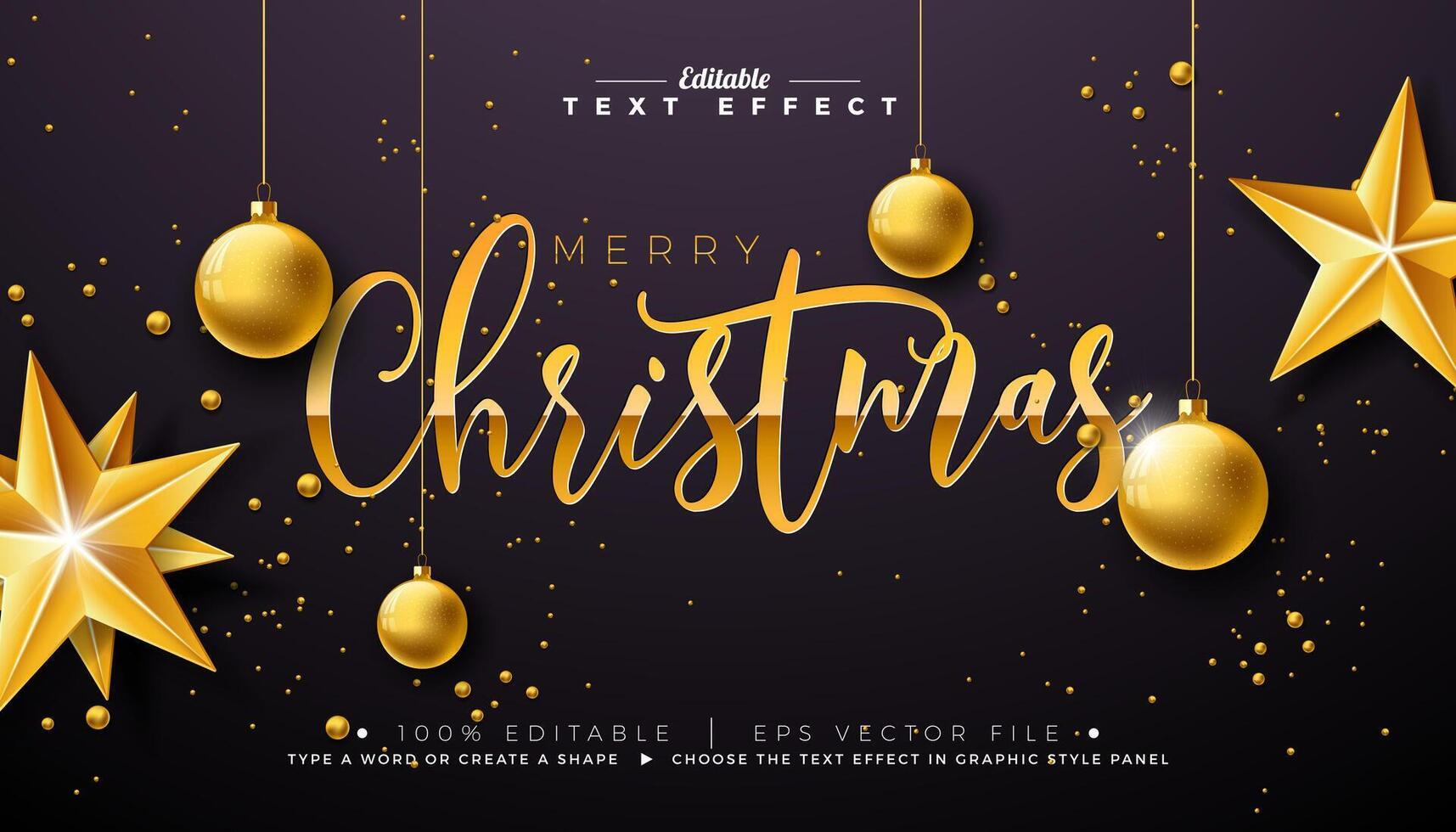 Merry Christmas Text Effect Design. Editable and Scalable Graphic Style Effect with Golden Typography Lettering and Ornaments on Black Background. Winter Holiday Illustration Template for vector