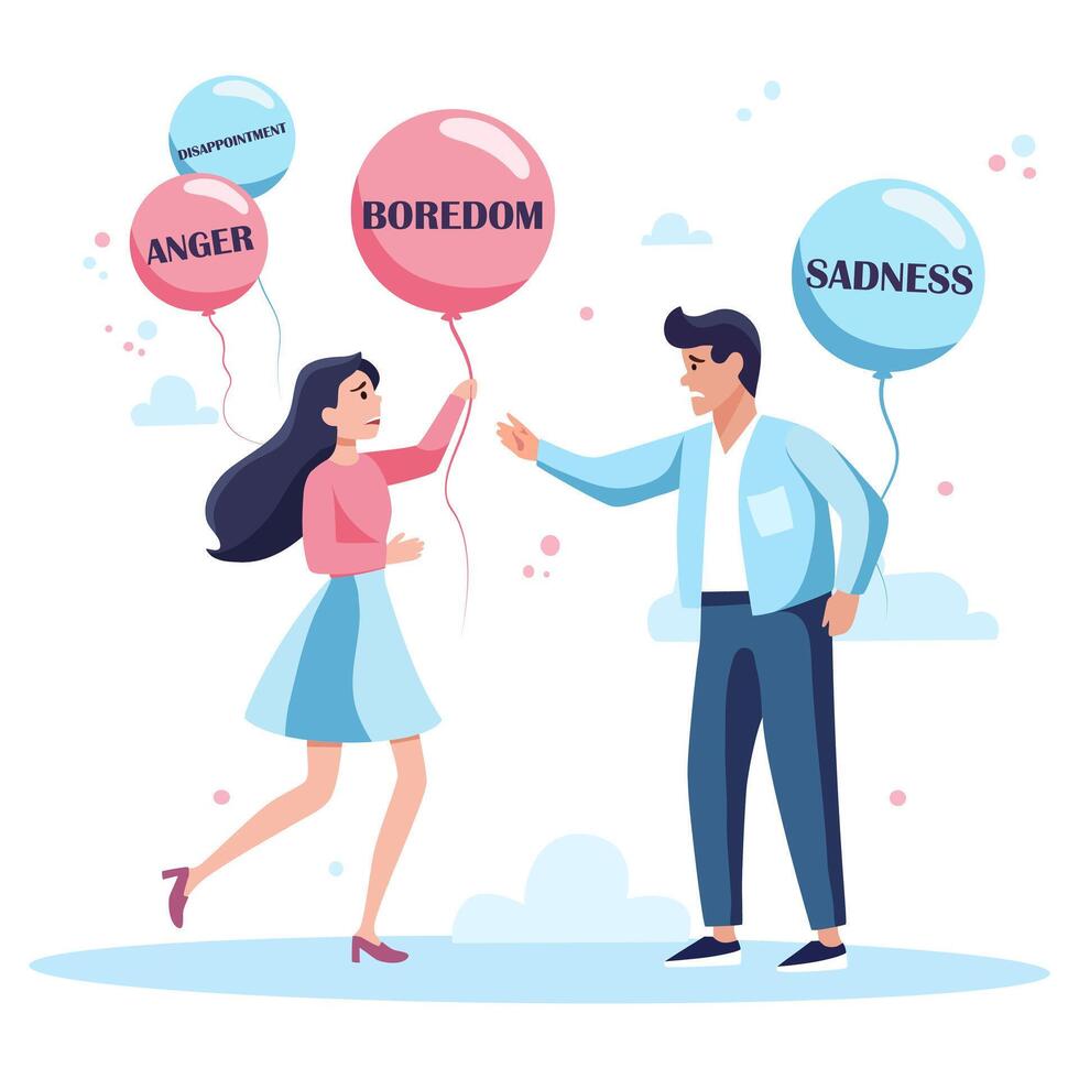 A girl and a man with balloons with emotions written inside. The girl and the man show that they understand each other's emotions. vector