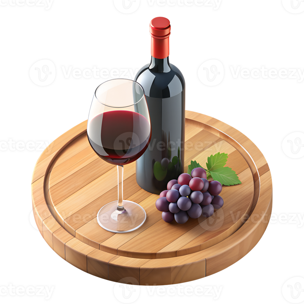 3d rendering style of a bottle of red wine and a glass of red wine on a wooden table, isometric, isolated on transparent background png