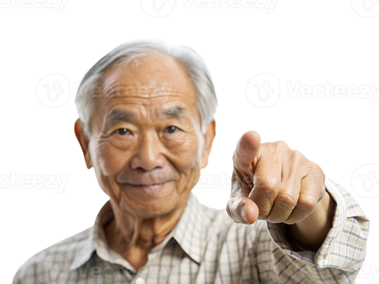 an elderly Asian man pointing with his right hand. The man is smiling and appears to be in a good mood png