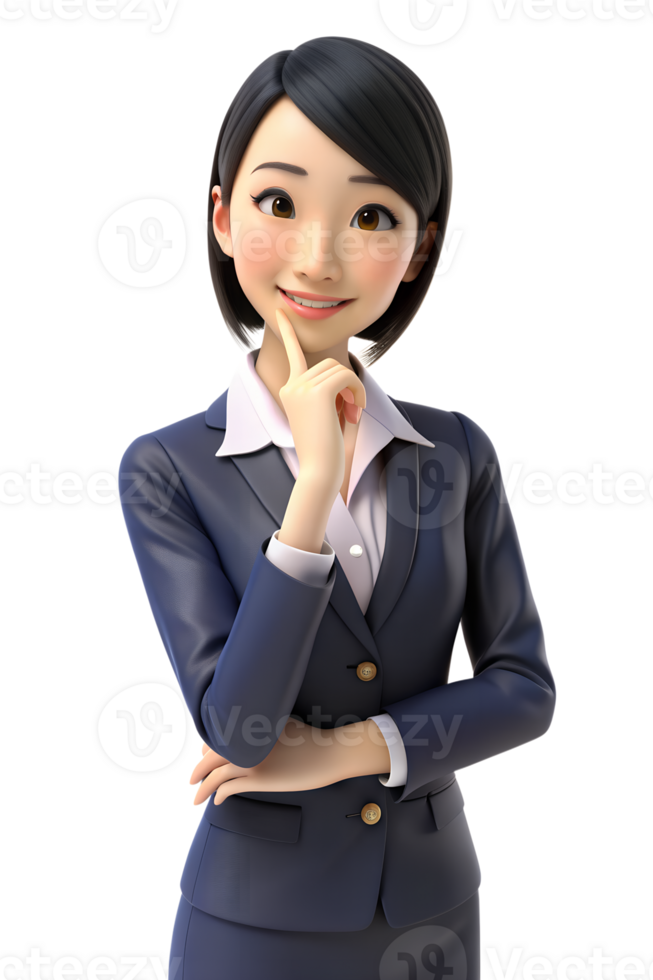 3d style illustration of asia young woman in an office uniform. She poked her chin with her finger. She seemed to be thinking about something png