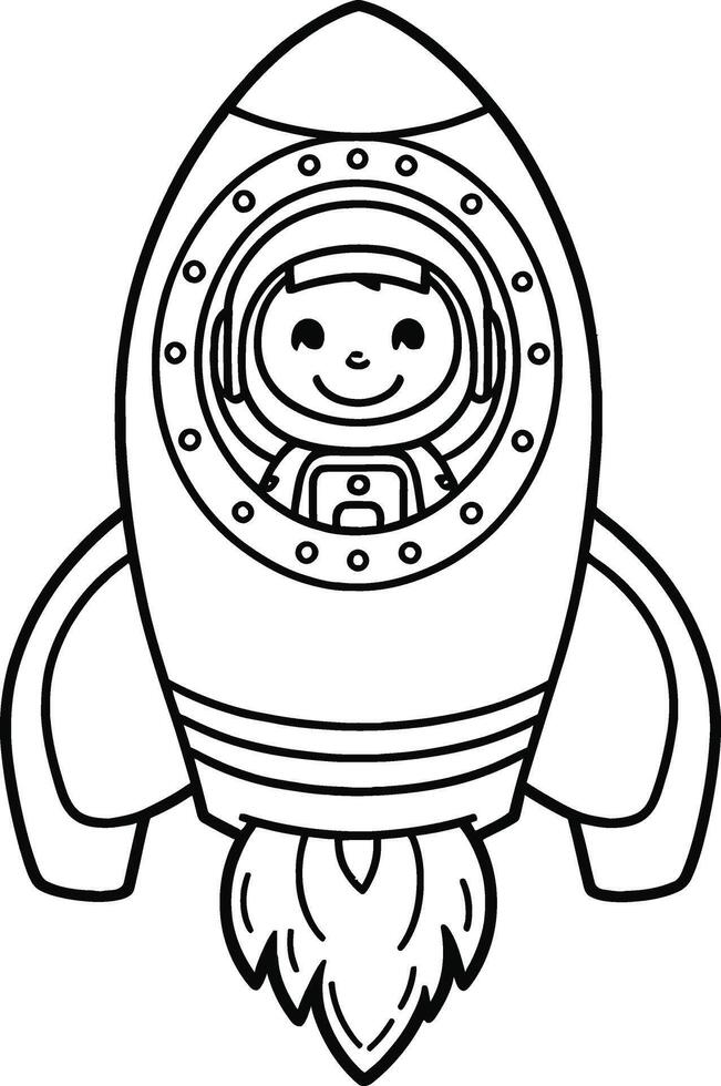 A cartoon rocket ship with a smiling face coloring page vector