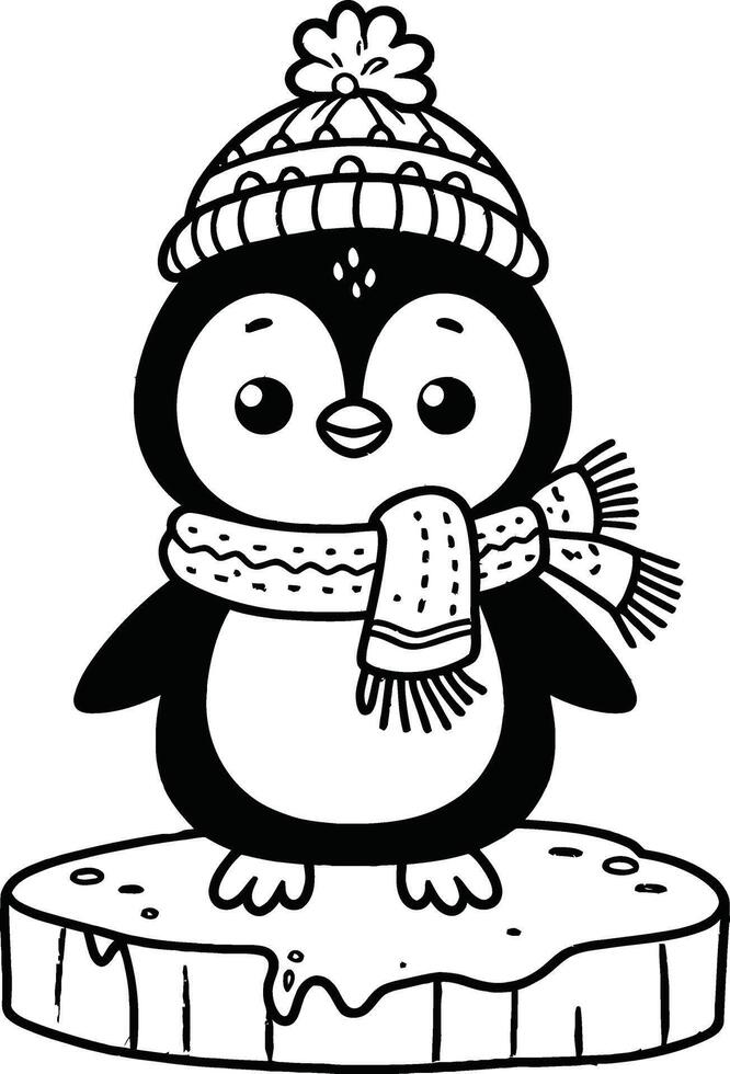 Penguin in winter hat coloring page vector