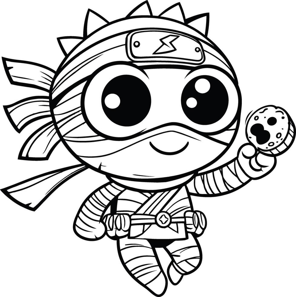 A coloring page with a ninja character holding a cookie vector