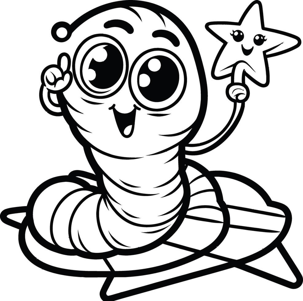 A cartoon worm with a star on its head coloring page vector