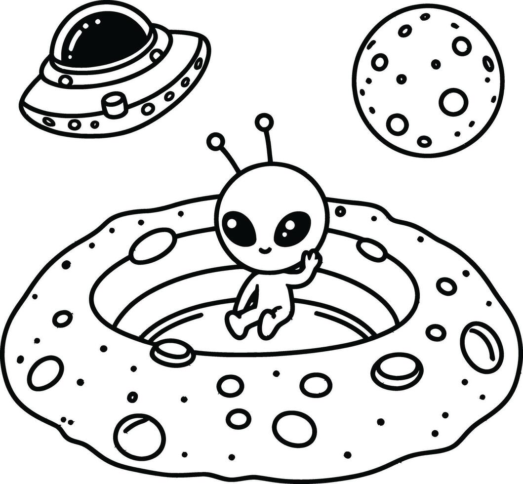 An alien and a spaceship are in the middle of a black and white coloring page vector