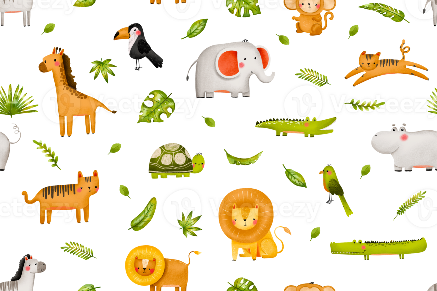 Savannah animals and jungle palm leaves seamless pattern . Wild mammals and safari. Cartoon zebra, giraffe, tiger, elephant, exotic toucan and parrot. Reptile crocodile. Hand drawn cartoon background png