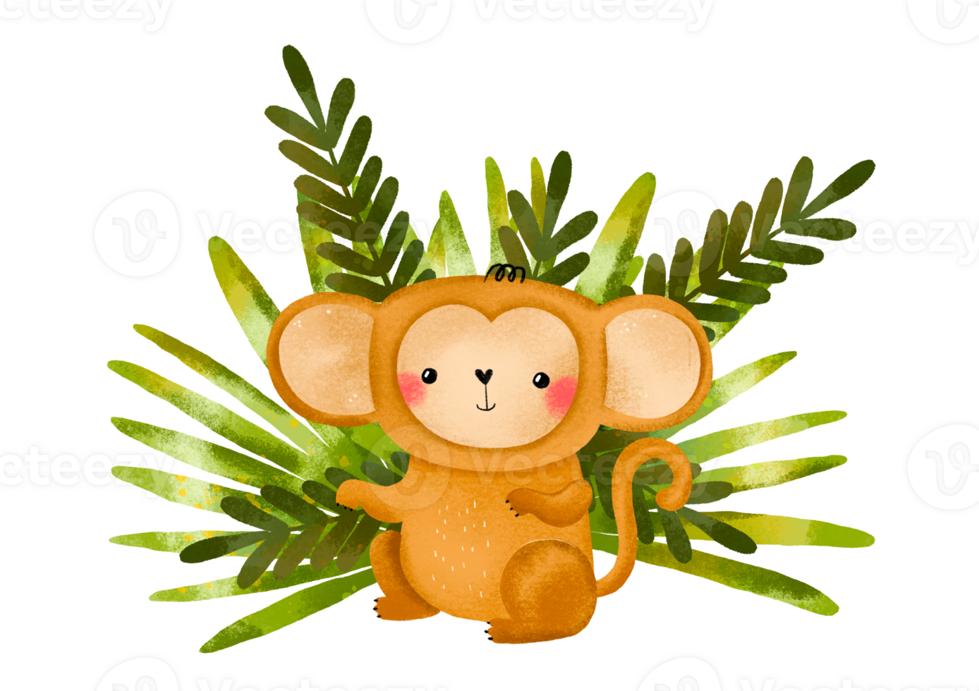 Monkey and palm tree leaves. Cute childish cartoon card. Poster for nursery bedroom with wild primate. Hand drawn illustration png